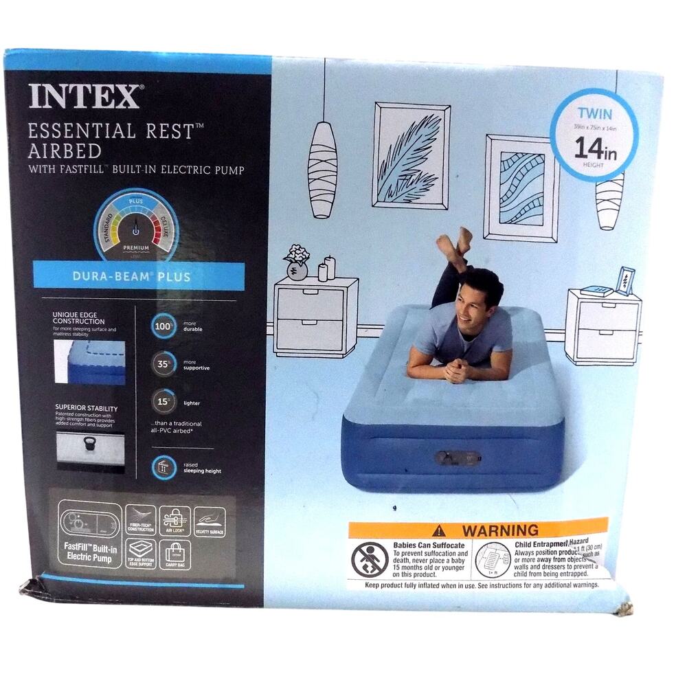 Intex Dura-Beam Plus 14in Air Mattress Built in Pump- Brand New